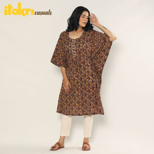 Brown - Bagru Dabu Block Printing Cotton Kaftan Dress (Medium)