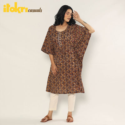 Brown - Bagru Dabu Block Printing Cotton Kaftan Dress (Medium)