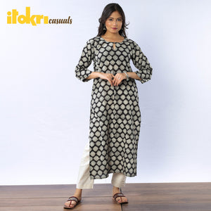Black & White - Flower Buta Bagru Block Printed Cotton Long Straight Kurta