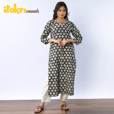 Black & White - Flower Buta Bagru Block Printed Cotton Long Straight Kurta