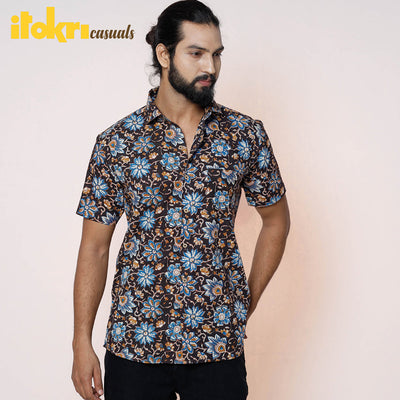 Black - Kalamkari Block Printed Cotton Men Half Sleeve Shirt