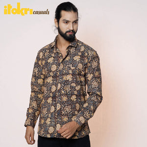 Black - Kalamkari Block Printed Cotton Men Full Sleeve Shirt