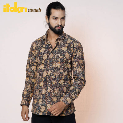 Black - Kalamkari Block Printed Cotton Men Full Sleeve Shirt