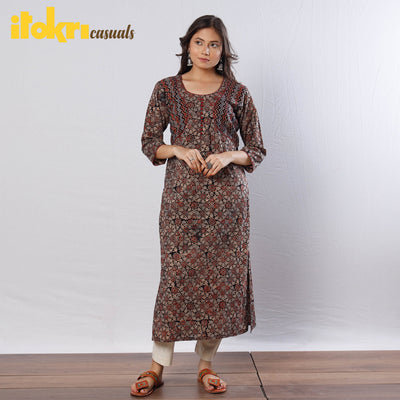 Black -  Ajrakh Block Printing Cotton Long Straight Kurta
