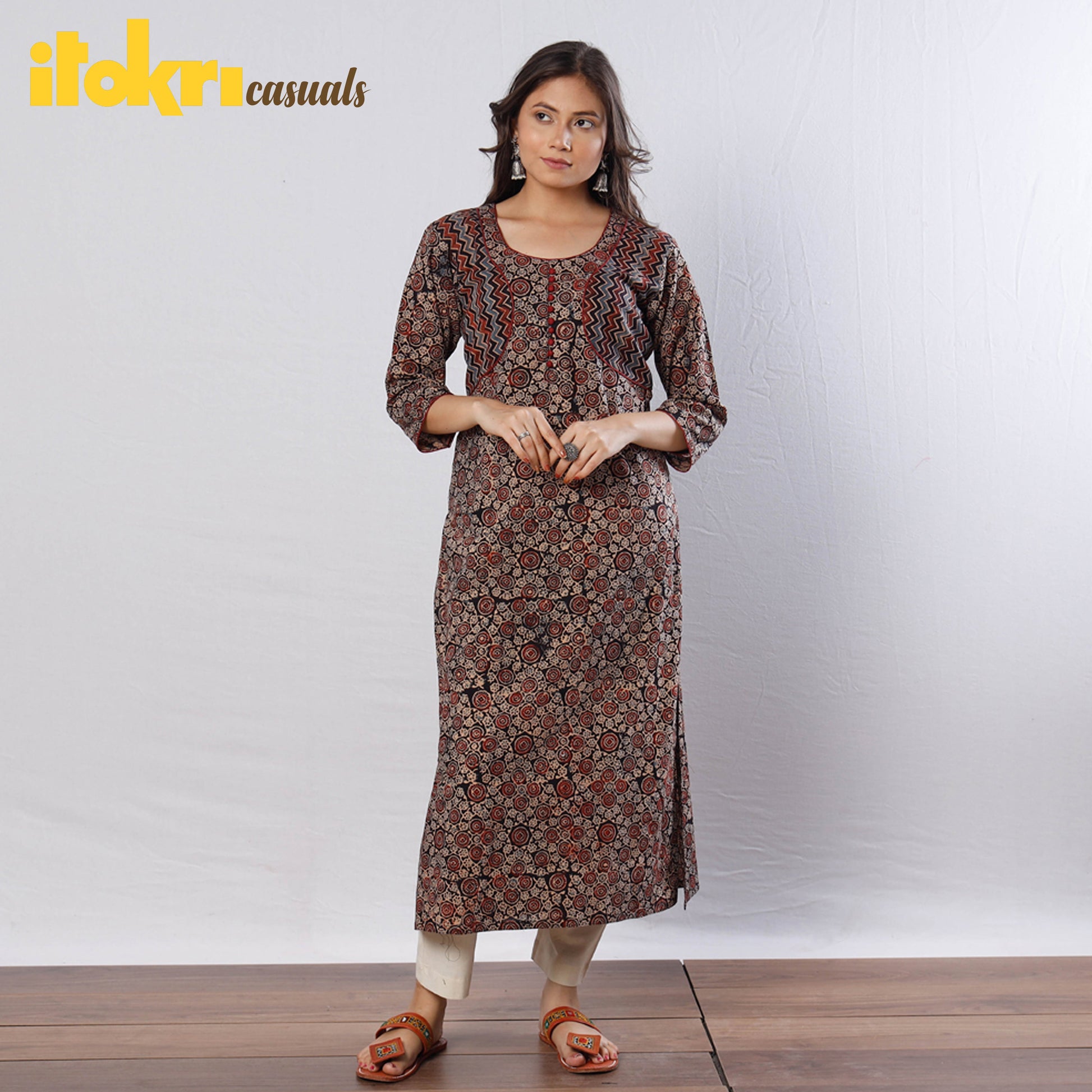 Black -  Ajrakh Block Printing Cotton Long Straight Kurta