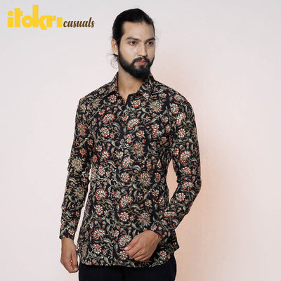 Black - Kalamkari Block Printed Cotton Men Full Sleeve Shirt