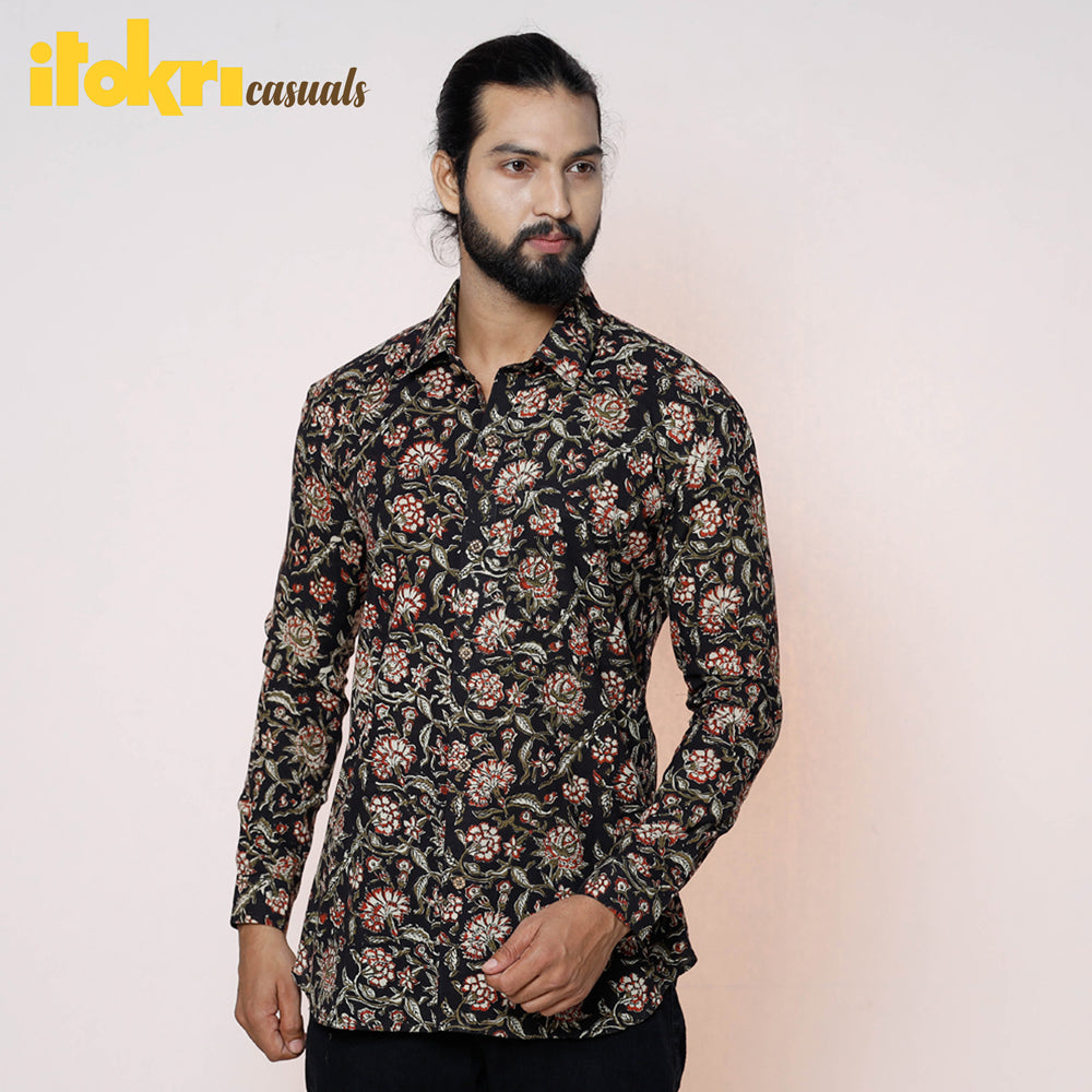 Black - Kalamkari Block Printed Cotton Men Full Sleeve Shirt