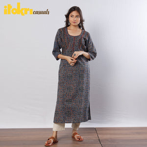 Blue - Geometric Buta Ajrakh Block Printing Cotton Long Straight Kurta