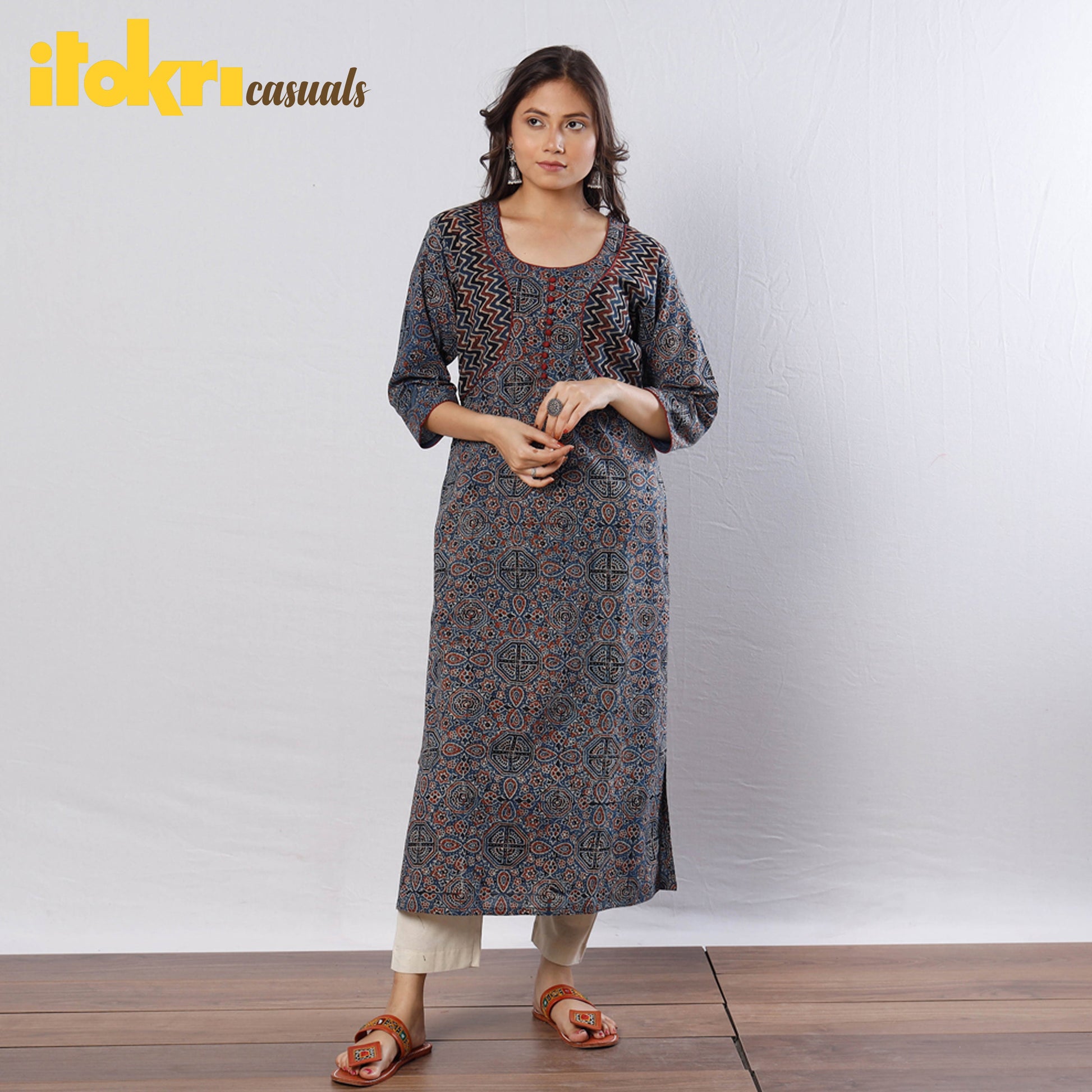 Blue - Geometric Buta Ajrakh Block Printing Cotton Long Straight Kurta