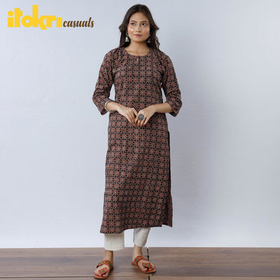 Brown - Geometric Flowers Ajrakh Block Printing Cotton Long Straight Kurta