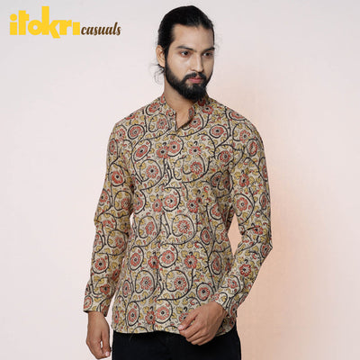 Beige - Kalamkari Block Printed Cotton Men Full Sleeve Shirt