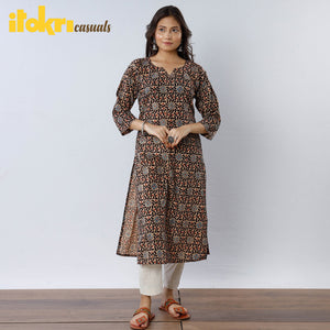 Brown - Indigo Flower Buta Ajrakh Block Printing Long Straight Kurta