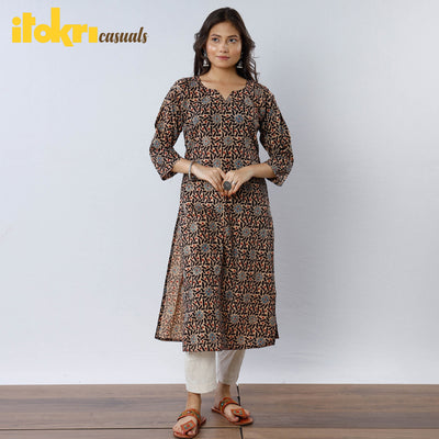 Brown - Indigo Flower Buta Ajrakh Block Printing Long Straight Kurta