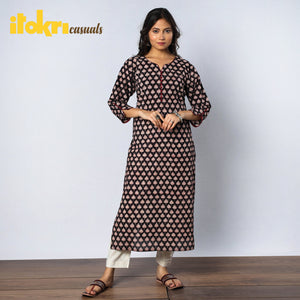 Black & Pinkish Floral Buta Bagru Hand Block Printed Cotton Long Kurta 10