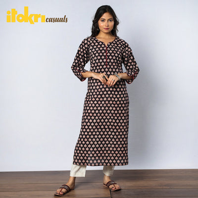 Black & Pinkish Floral Buta Bagru Hand Block Printed Cotton Long Kurta 10