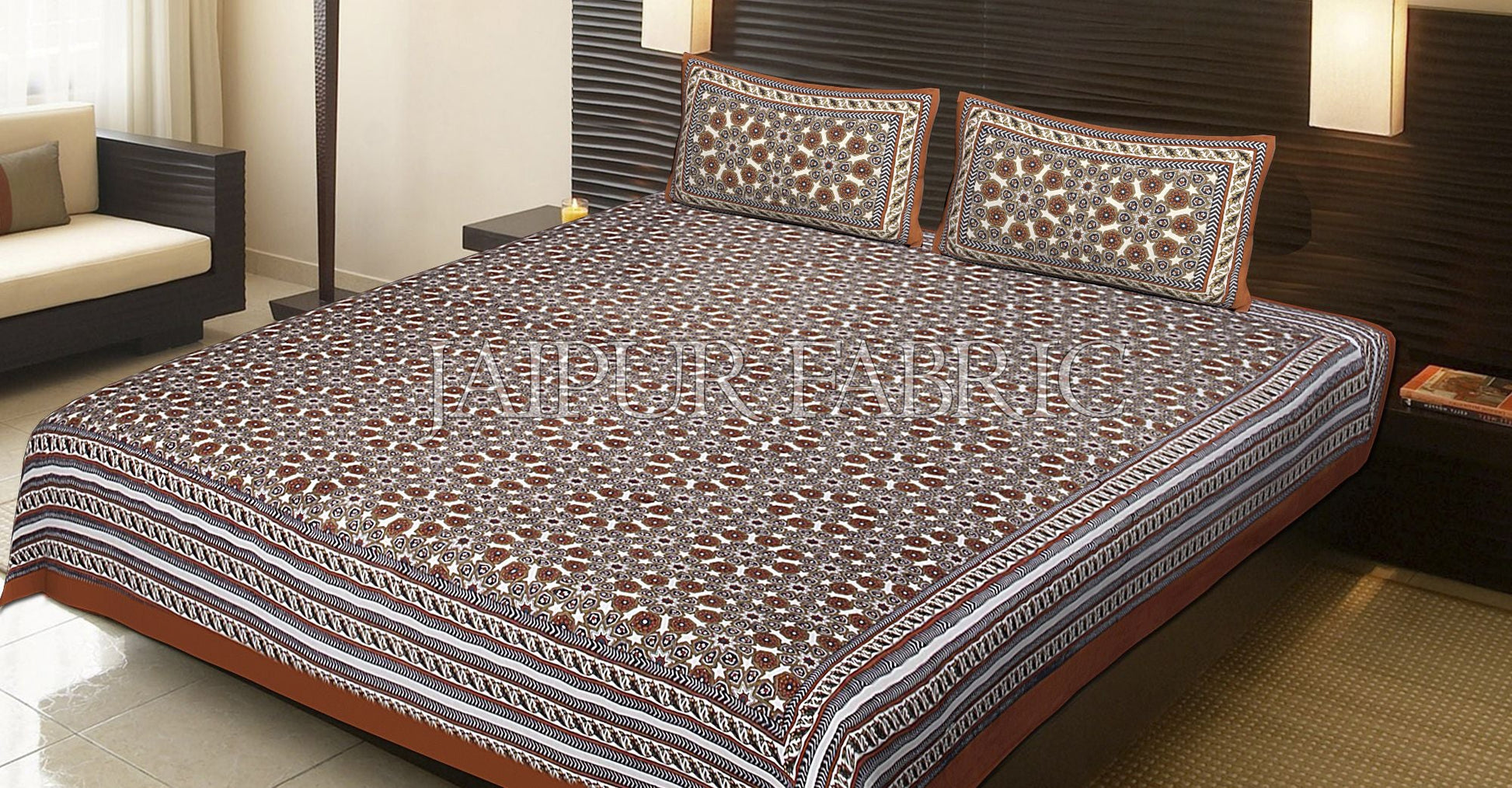 Brown Border Brown Base Screen Print Cotton Double Bed Sheet