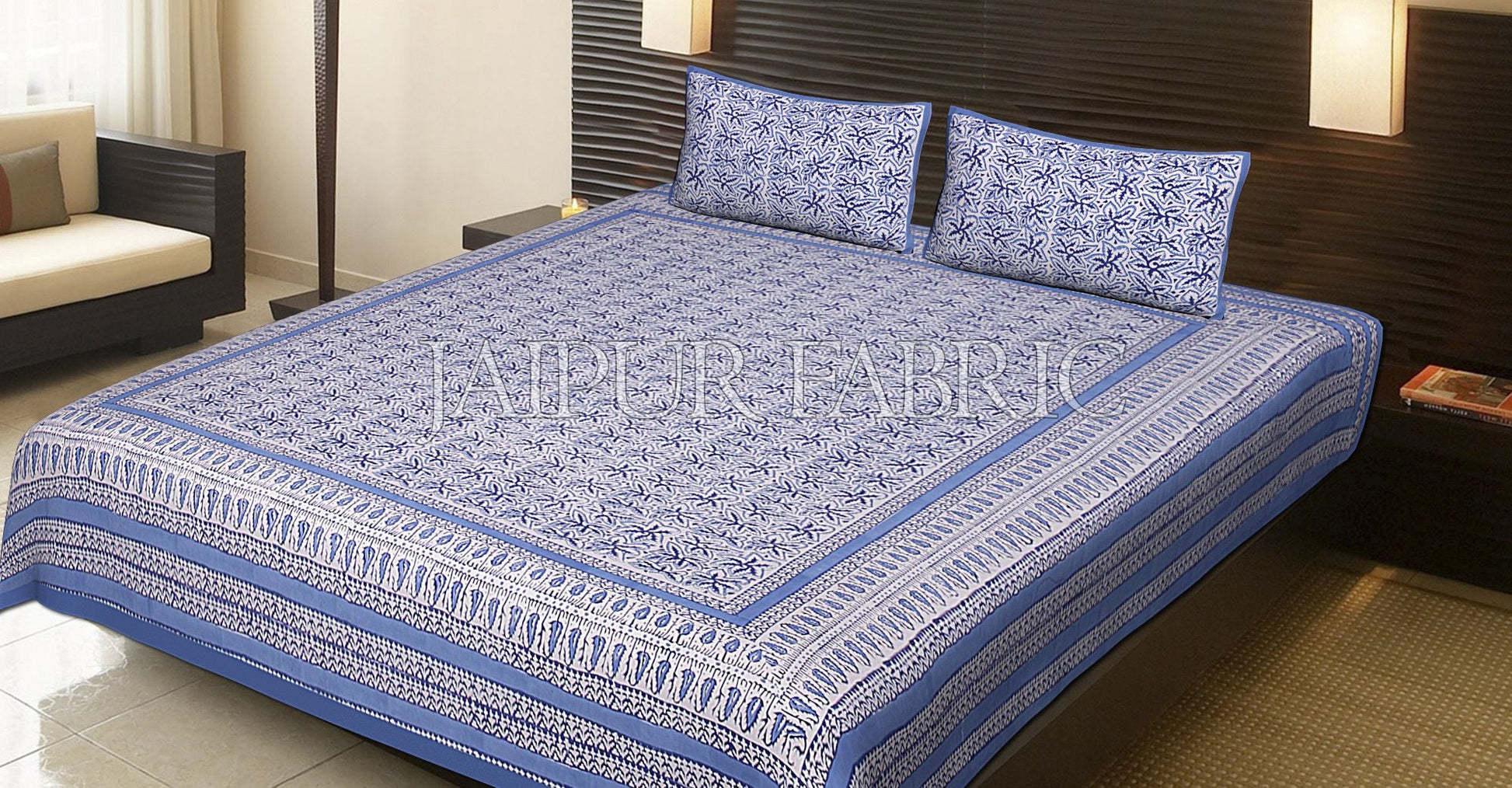 Blue Border White Base Leaf Pattern Block Print Cotton Double Bed Sheet