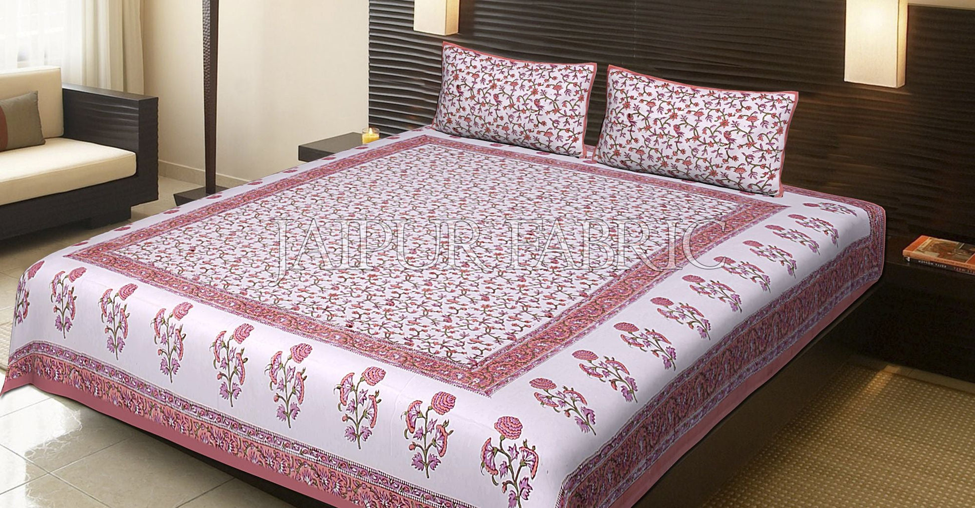Peach Border White Base Flower Pattern Block Print Cotton Double Bed Sheet
