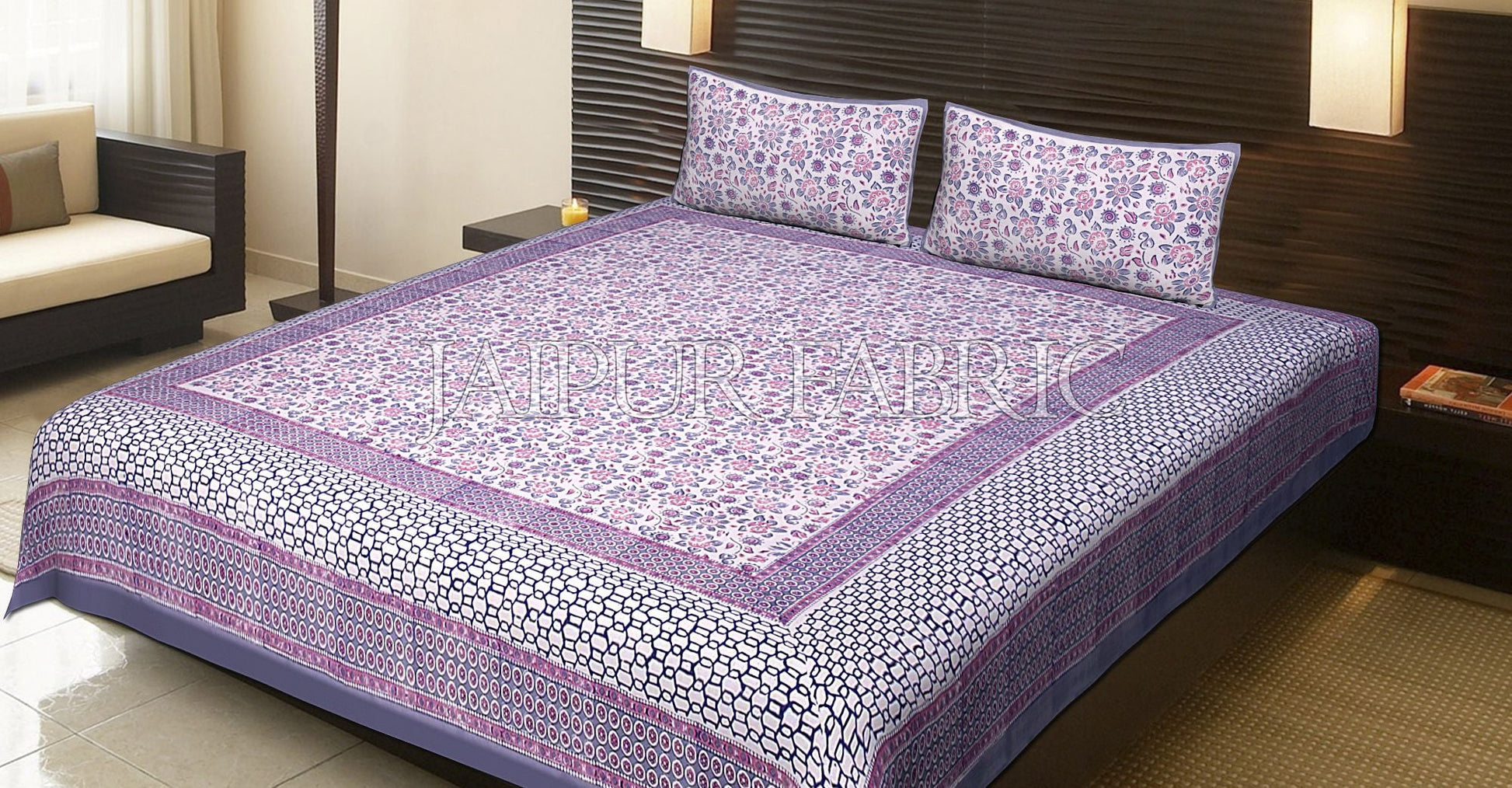 Blue Border White Base Flower Pattern Block Print Cotton Double Bed Sheet