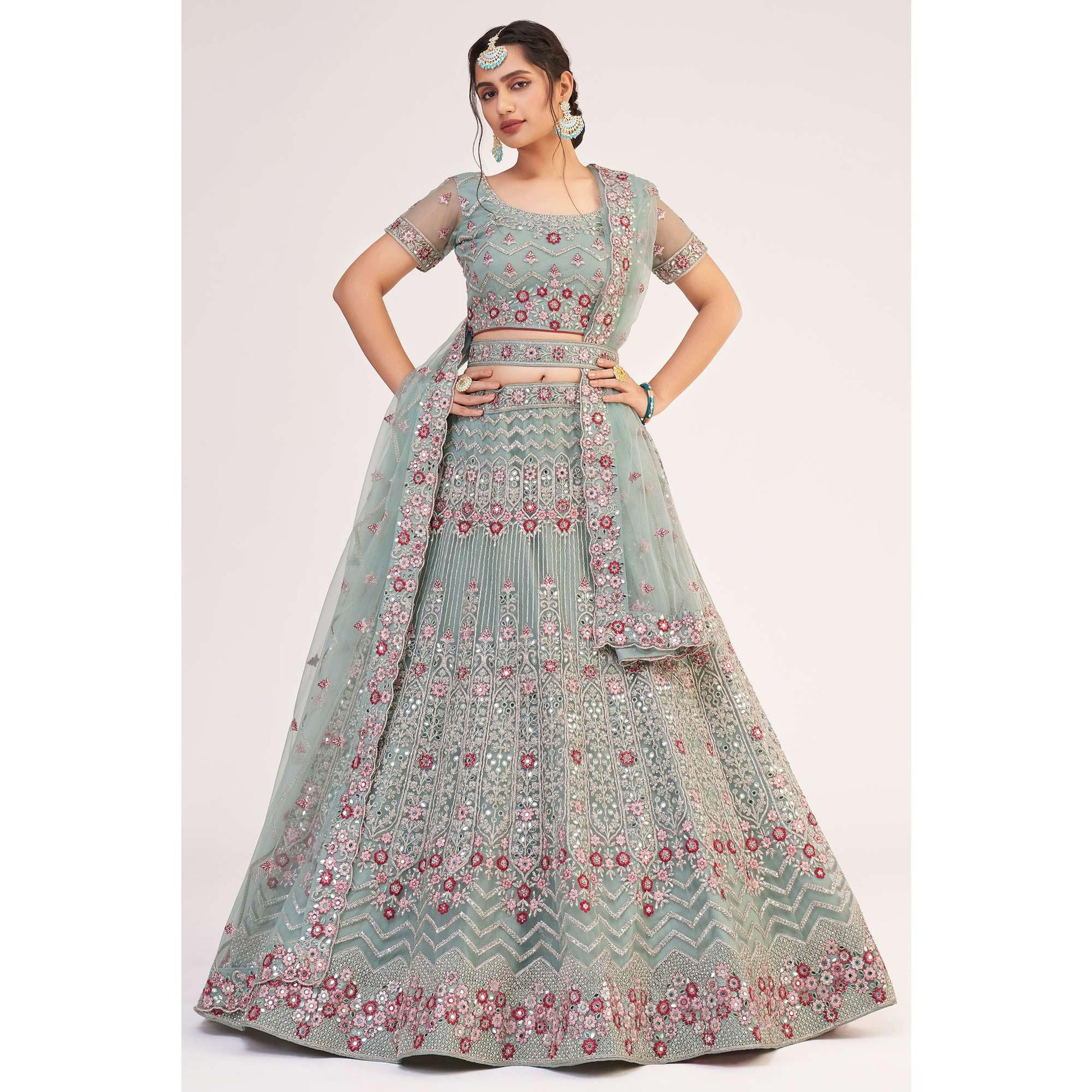 Jade Green Wedding Wear Embellished Heavy Butterfly Net Lehenga Choli