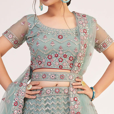Jade Green Wedding Wear Embellished Heavy Butterfly Net Lehenga Choli