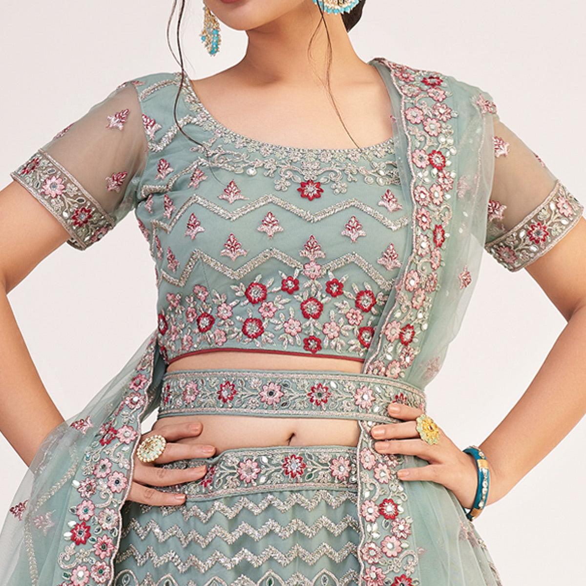Jade Green Wedding Wear Embellished Heavy Butterfly Net Lehenga Choli