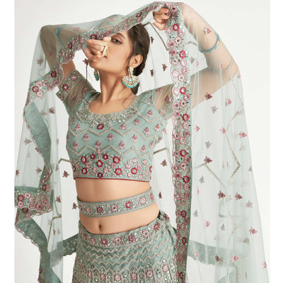Jade Green Wedding Wear Embellished Heavy Butterfly Net Lehenga Choli