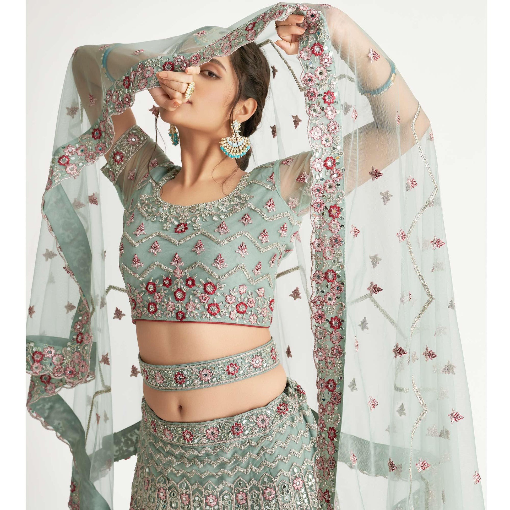 Jade Green Wedding Wear Embellished Heavy Butterfly Net Lehenga Choli