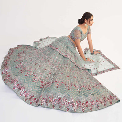Jade Green Wedding Wear Embellished Heavy Butterfly Net Lehenga Choli