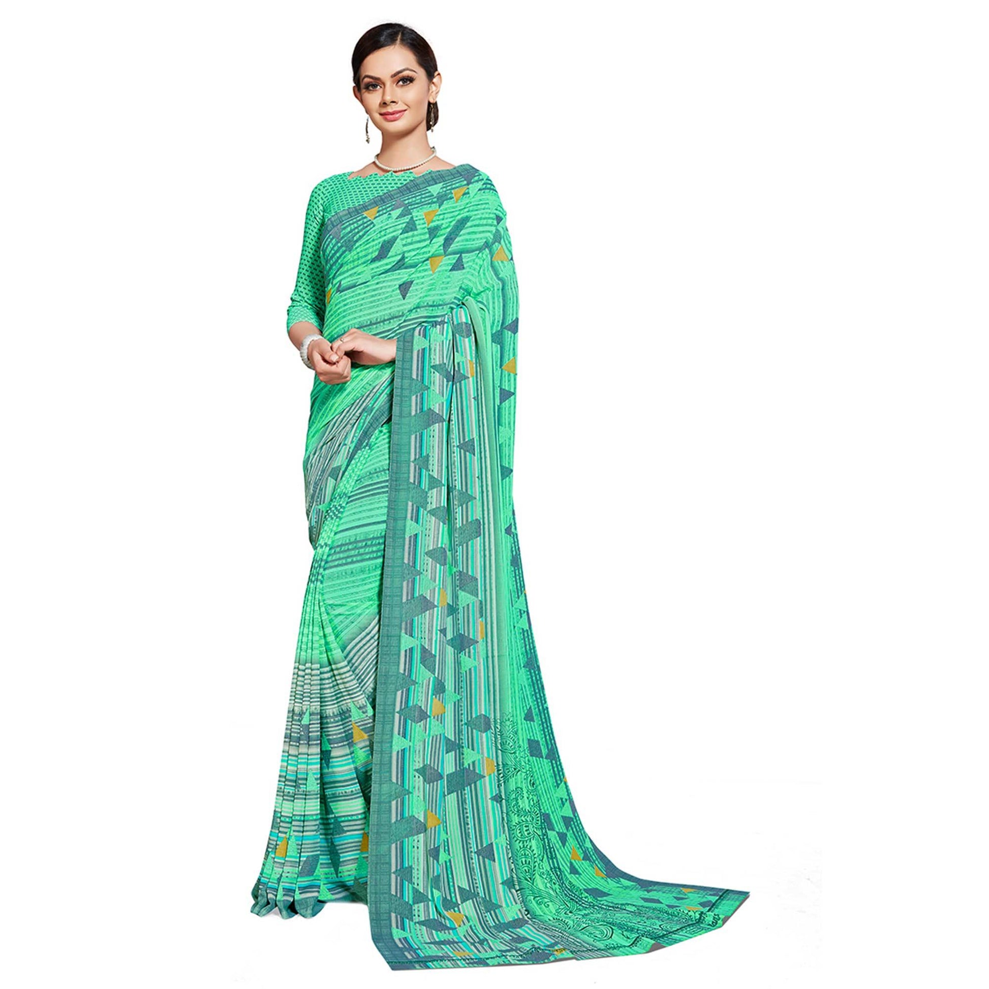 Jazzy Aqua Blue Colored Casual Printed Georgette Saree