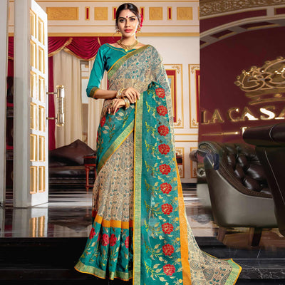 Jazzy Beige - Blue Colored Partywear Embroidered Silk Saree