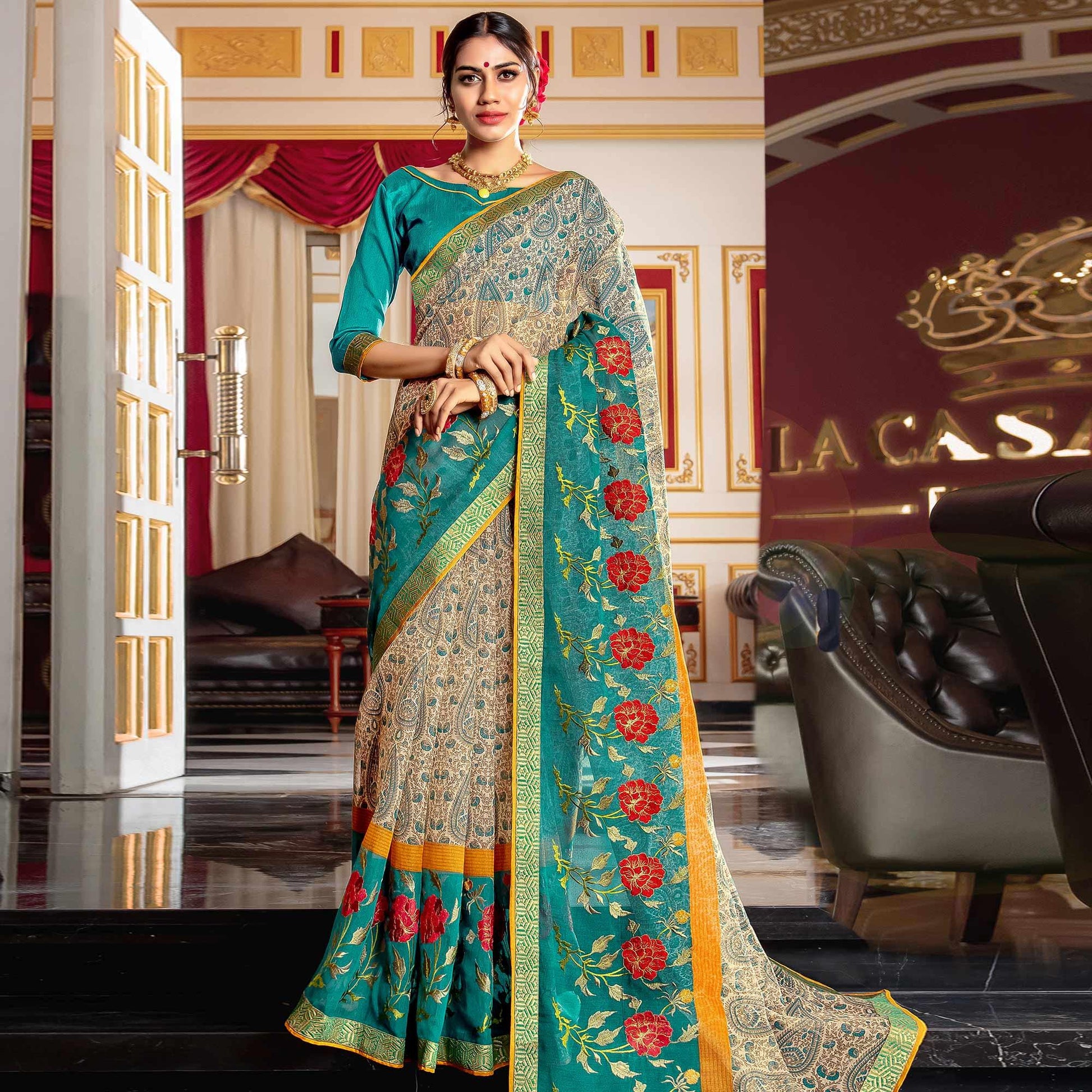 Jazzy Beige - Blue Colored Partywear Embroidered Silk Saree