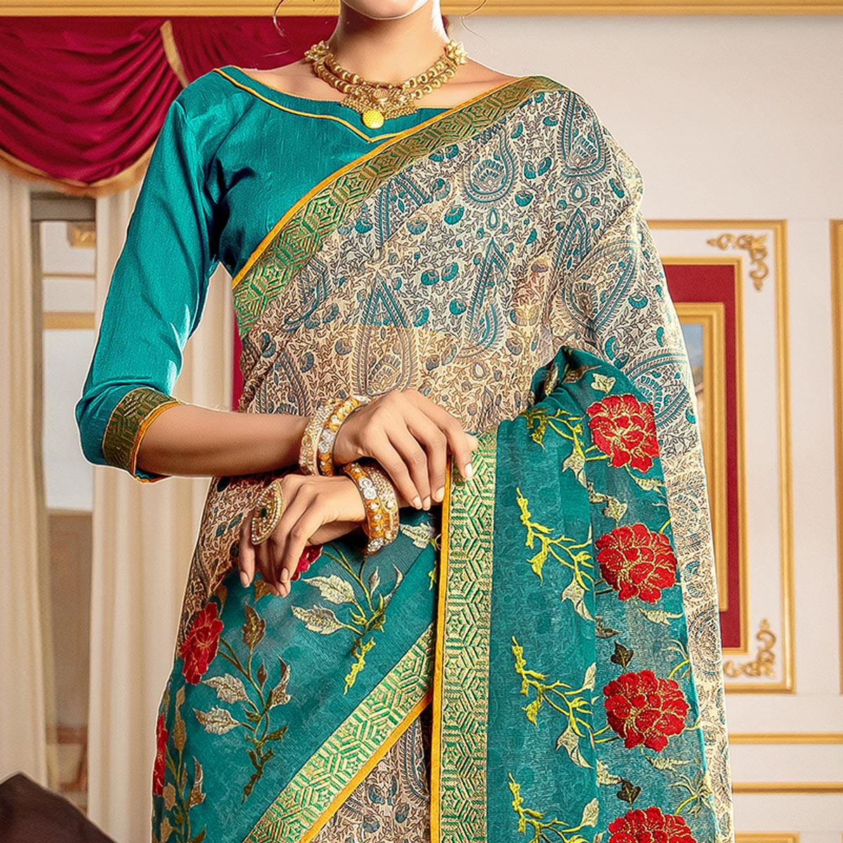 Jazzy Beige - Blue Colored Partywear Embroidered Silk Saree