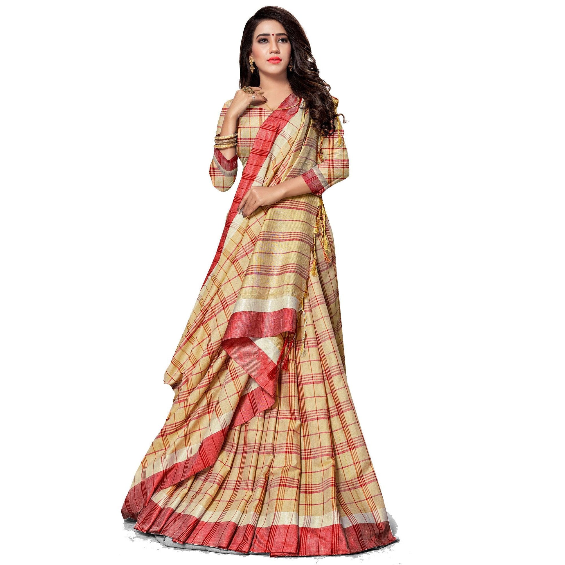 Jazzy Beige Colored Fesive Wear Stripe Print Cotton Silk Saree With Tassels