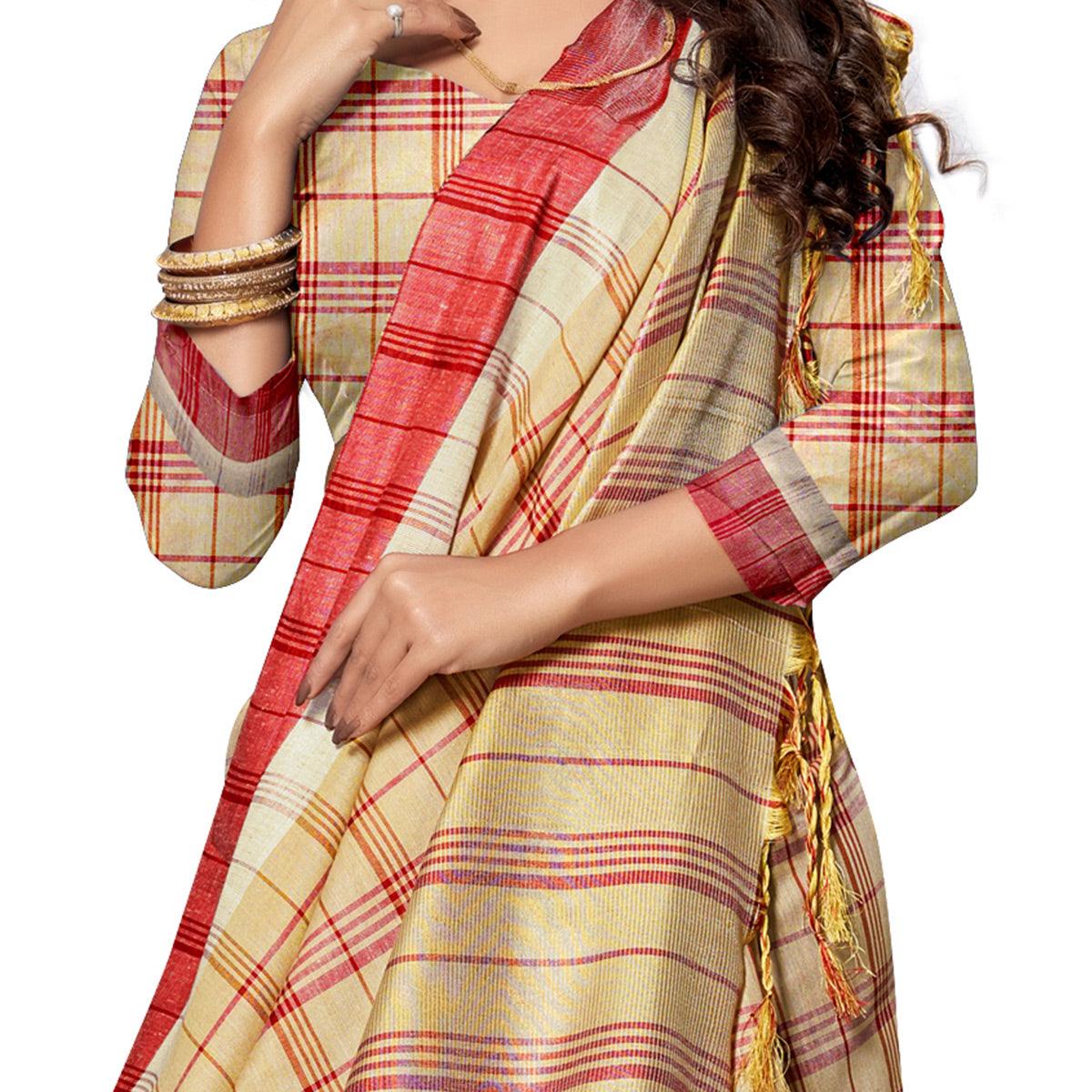 Jazzy Beige Colored Fesive Wear Stripe Print Cotton Silk Saree With Tassels
