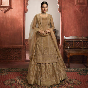Jazzy Beige Coloured Partywear Embroidered Super Net Sharara Style Salwar Suit