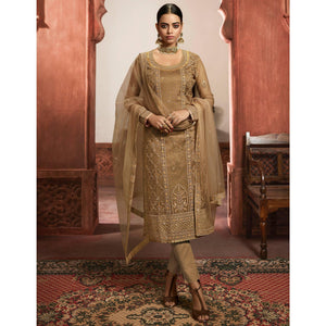 Jazzy Beige Coloured Partywear Embroidered Super Net Sharara Style Salwar Suit