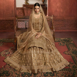 Jazzy Beige Coloured Partywear Embroidered Super Net Sharara Style Salwar Suit