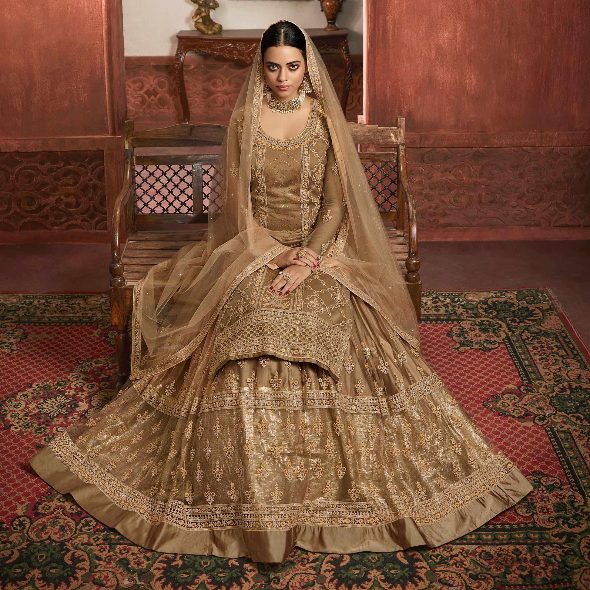 Jazzy Beige Coloured Partywear Embroidered Super Net Sharara Style Salwar Suit