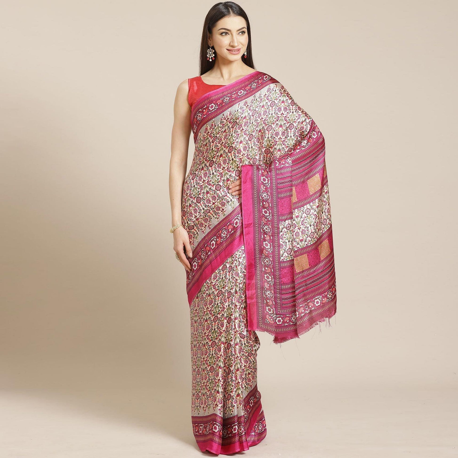 Jazzy Beige - Magenta Colored Casual Wear Printed Silk blend Saree