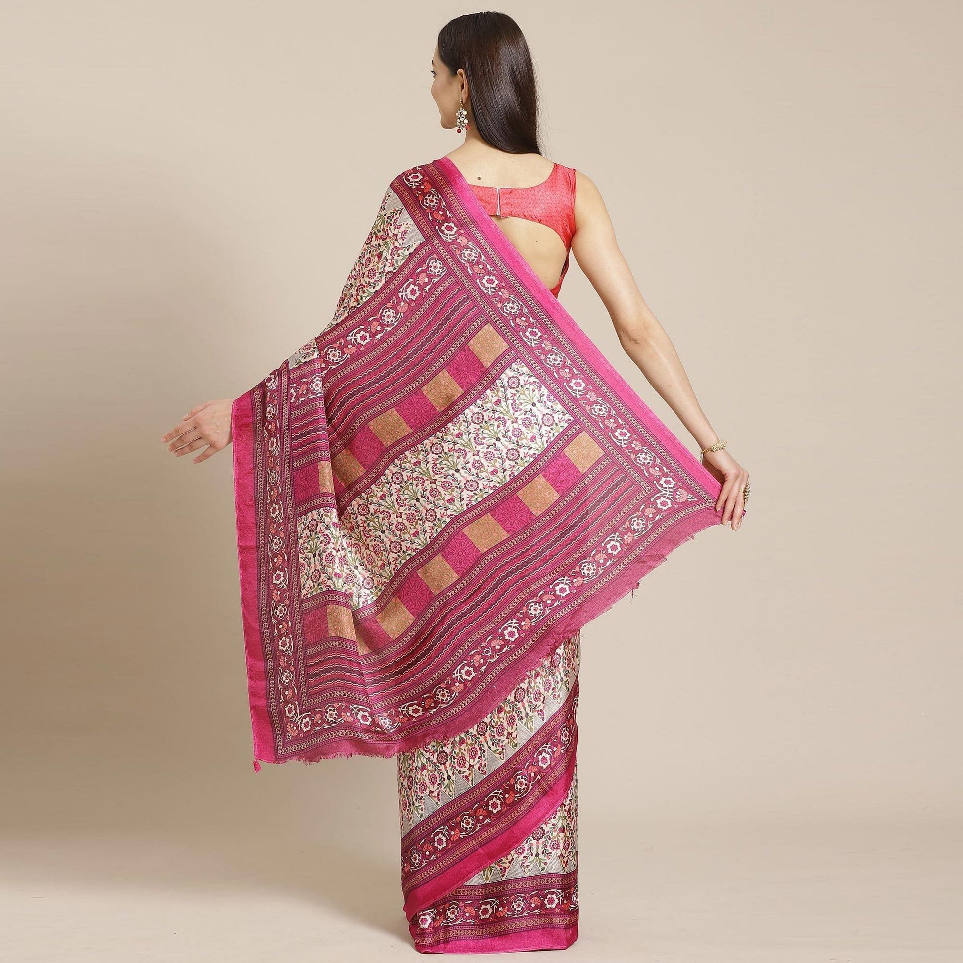 Jazzy Beige - Magenta Colored Casual Wear Printed Silk blend Saree