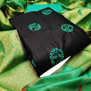Jazzy Black Colored Casual Wear Embroidered Cotton Dress Material With Banarasi Silk Dupatta
