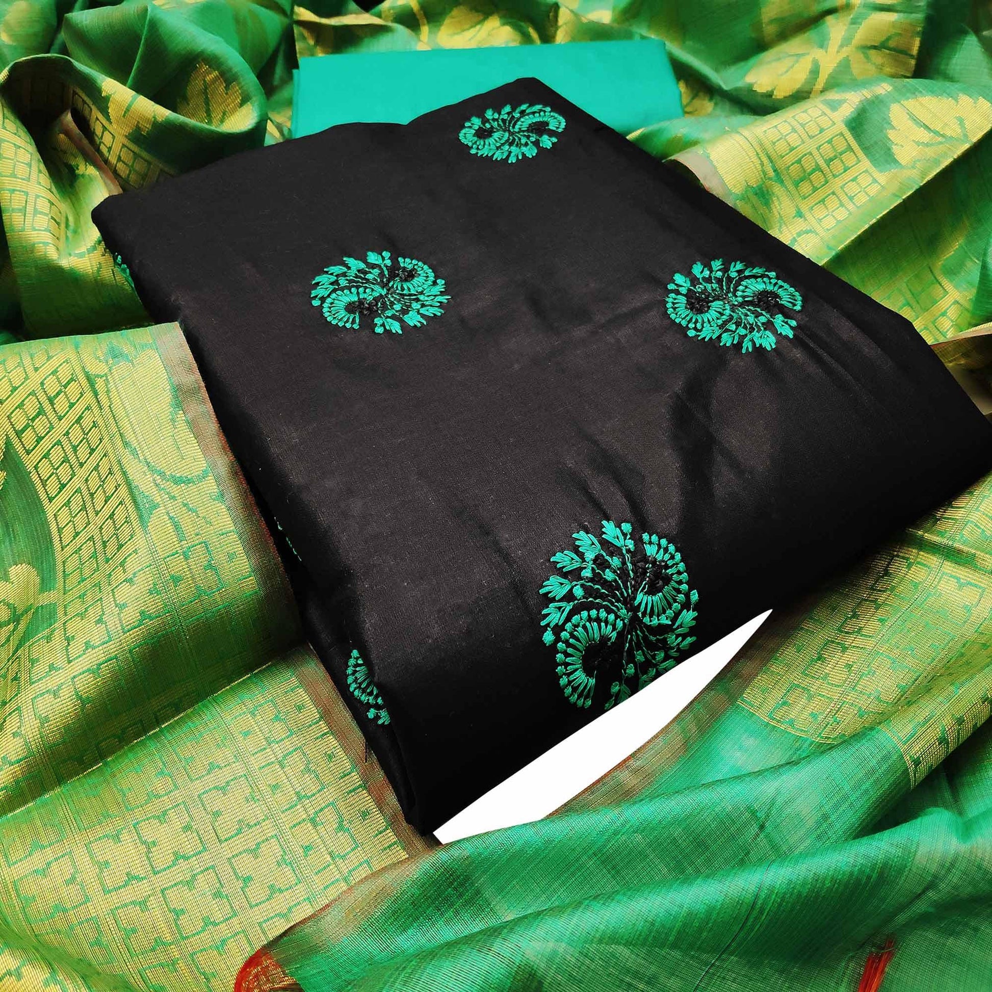 Jazzy Black Colored Casual Wear Embroidered Cotton Dress Material With Banarasi Silk Dupatta