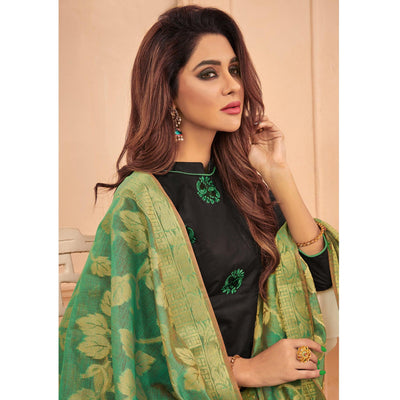 Jazzy Black Colored Casual Wear Embroidered Cotton Dress Material With Banarasi Silk Dupatta