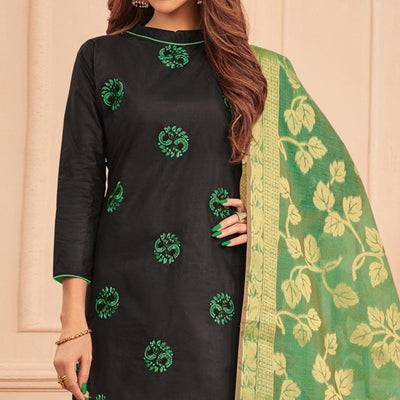 Jazzy Black Colored Casual Wear Embroidered Cotton Dress Material With Banarasi Silk Dupatta