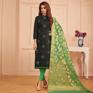 Jazzy Black Colored Casual Wear Embroidered Cotton Dress Material With Banarasi Silk Dupatta