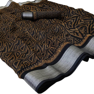 Jazzy Black Colored Casual Wear Floral Printed Linen Saree
