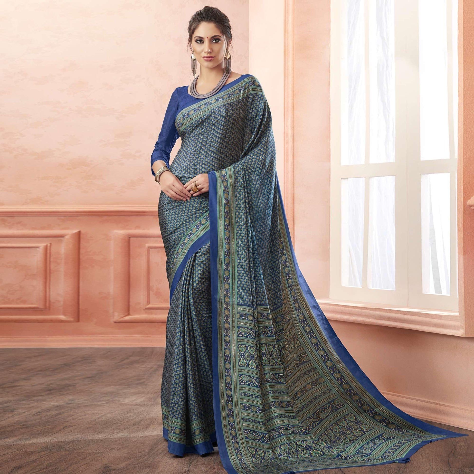 Jazzy Blue Colored Casual Printed Pure Crepe Saree