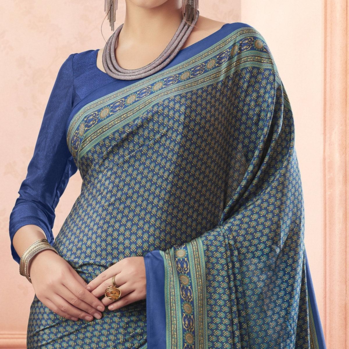 Jazzy Blue Colored Casual Printed Pure Crepe Saree