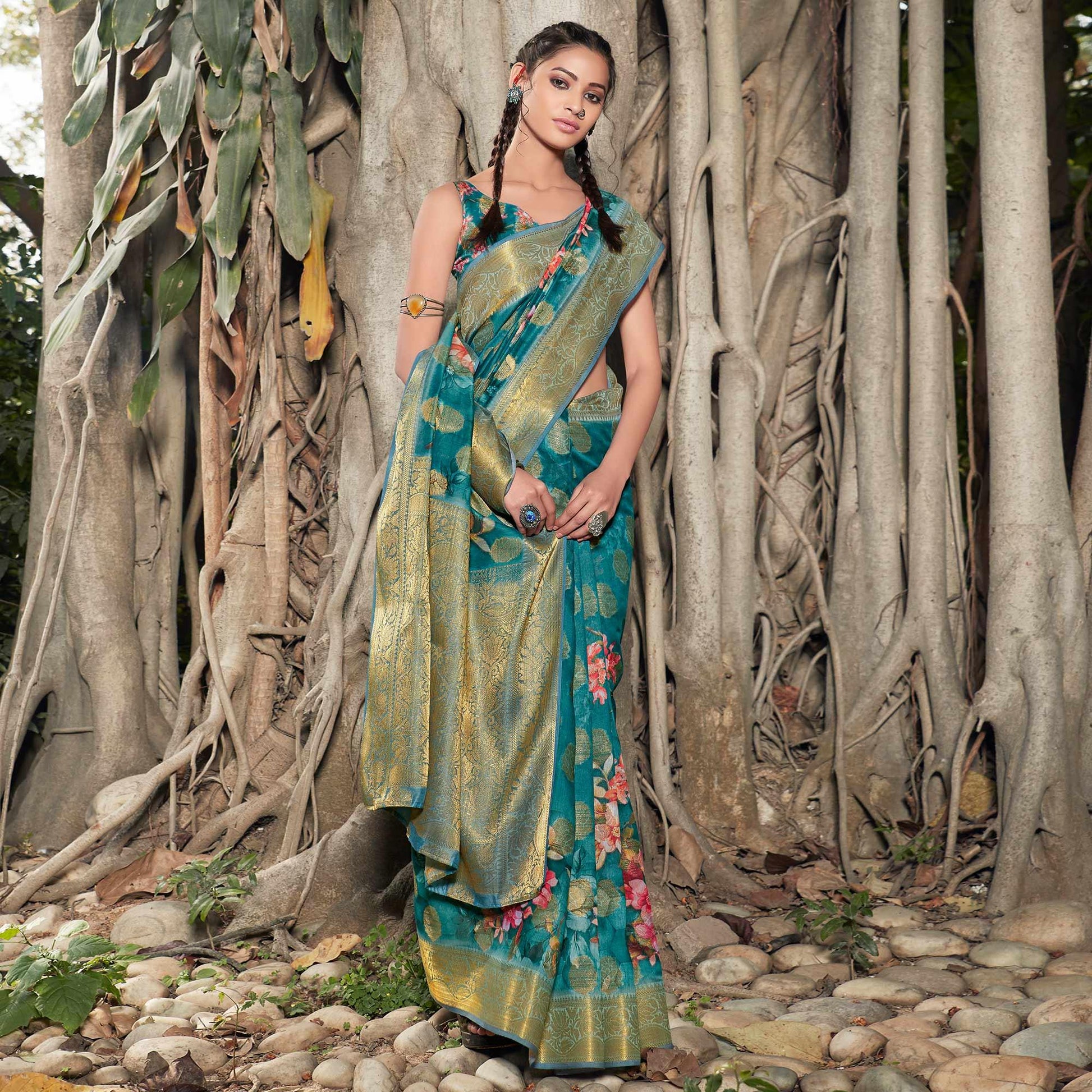 Jazzy Blue Colored Festive Wear Digital Printed Soft Linen Saree